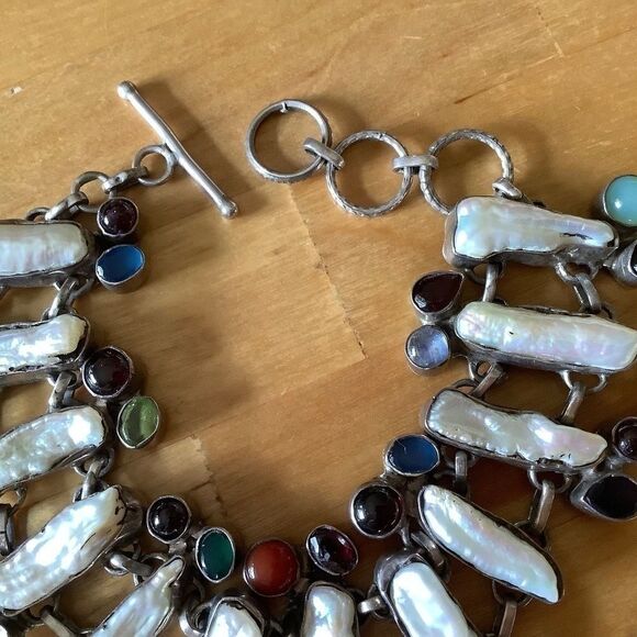 Sterling SILVER 925 MOTHER OF PEARL/MULTICOLOR GEMSTONE GORGEOUS BRACELE… - Picture 5 of 8